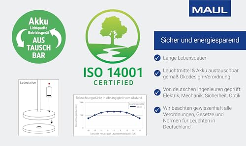 MAUL Akku Tischleuchte MAULnina | Tischlampe kabellos mit langlebigem Akku | Tischlampe aufladbar bis zu 10h Beleuchtung | Lampe dimmbar für Schreibtisch, Nachttisch & Outdoor | Schwarz
