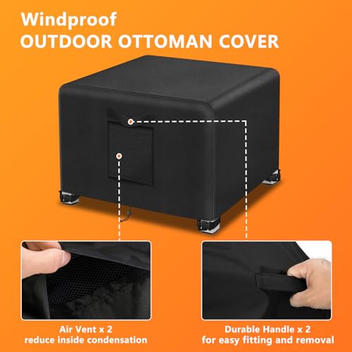 Kovshuiwe Outdoor Patio Ottoman Cover 2Pcs-20 L x 20" W x 18" H, Waterproof Patio Ottoman Cover, Heavy Duty Outdoor Furniture Cover with Padded Handles,Black by Kovshuiwe - Image 3