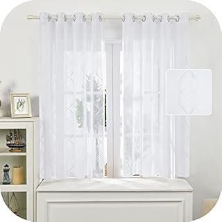Amazon Brand - Umi Embroidered Wave Line Pattern Sheer Curtains Eyelets Linen Effect Voile Curtains Super Soft Net Curtains for Living Room 55 x 54 White Two Panels