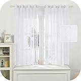 Amazon Brand - Umi 2 Stück Gardinen Leinenoptik Transparent Ösenvorhang Vorhangschals mit Farbbandmuster Stickerei 175x140 cm Weiß