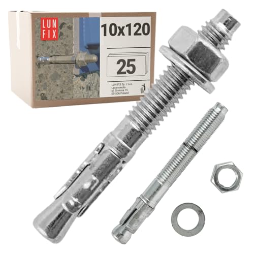 Boulons ancrage béton 10x120 25 pcs – Cheville molly acier zingué avec goujon, tige filetée, écrou, rondelle – Fixation charge lourde, vis béton, scellement chimique, Ancrage robuste Lun Fix