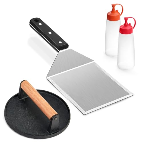 4Pcs Griddle Accessories Kit (Burger Press + Spatula), Joyfair Cast Iron Bacon Grill Press with Stainless Steel Hamburger Turner & Squeeze Bottles, for BBQ Flattop Teppanyaki (ABS Handle)