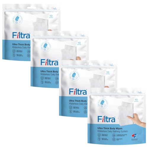 Image of FILTRA Ultra Thick Body Wipes | Adult Wipes | Bed Bath | Bathing Wipes Pre-Moistened | Re-Sealable Zip Lock | Shower Replacement | (10 count (Pack of 4))