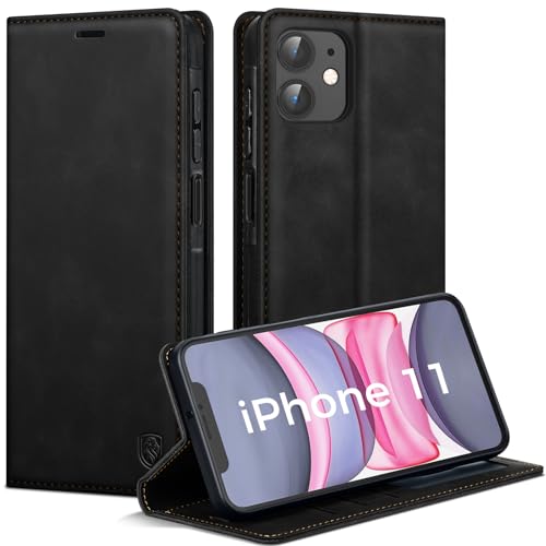 AIMOYU Handyhülle für iPhone 11 Hülle, Premium PU Leder Flip Hülle [RFID Blockierung] Magnet Tascher Kartenfach Standfunktion Schutzhülle für iPhone 11 Klapphülle, Schwarz