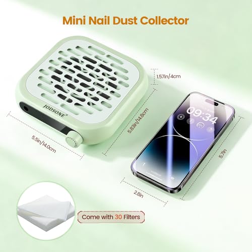 Image of JODSONE 6000RPM Mini Nail Dust Collector PocketSized Powerful Suction Portable Nail Salon with 30 Filters Green