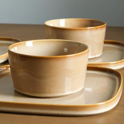 Image of Stone Lain Cairo 12-Piece Dinnerware Set Stoneware, Plates and Bowls Set, Microwave and Dishwasher Safe, Includes Dinner and Salad Plates, Cereal Bowls, Dishes for 4, Sand