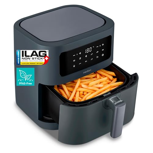 MEDION E40 XL Heißluftfritteuse (5 2 Liter Airfryer 2.150 Watt 9 Automatikprogramme Backfunktion ölfreies Frittieren Touch Bedienfeld LED Anzeige ILAG PFAS-frei) matt grau
