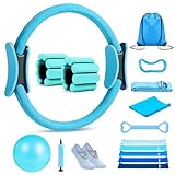 Kanonmaori Pilates Ring Set 15 PCS, Home Pilates Essentials Kit for Women, 12" Pilates Ring and 9" Ball Set, Pilates Kit with Ankle Weights 2LB, Resistance Bands, for Toning & Better Me Gifts(Blue)