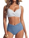 Hanna Nikole 2 piece Swimsuit for Women,Womens Swimwear,Bikini Sets for Women high Waisted,Bikinis for Older Women UK Blue and White Stripes XL