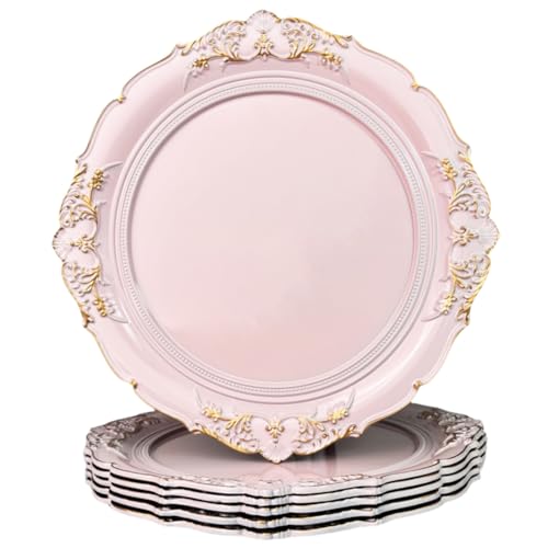 Umisriro Pink Charger Plates, 13 Inch Embossed Chargers for Dinner Plates. Plastic Charger for Wedding, Party. (Set of 6)
