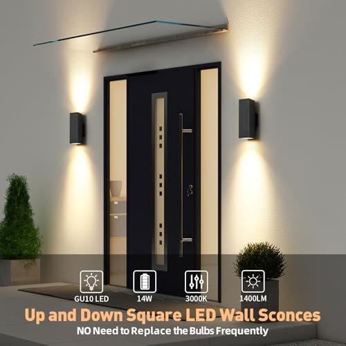 Image of 4 Pack LED Square Up Down Outdoor Wall Lights, Black Exterior Light Fixture | Bulb Incl., 3000K, Aluminum, 12'' Modern Outdoor Lights for House, Waterproof Outside Porch Sconce Light for Garage, Patio