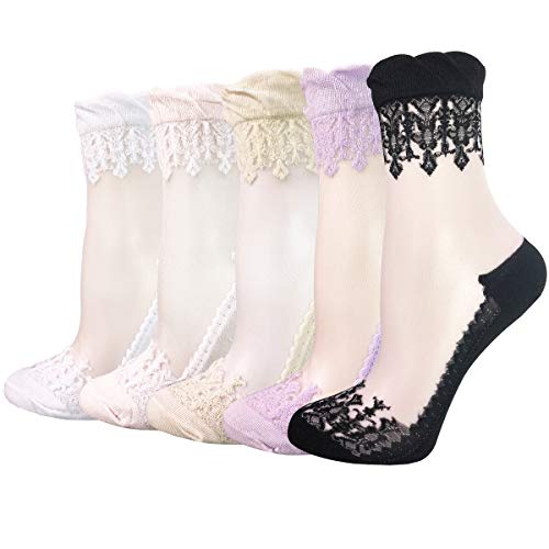 Cityelf 5 Paires De Chaussettes Soie Dentelle Été Bas Pour Femmes Chaussette Courtes Transparente Ultraminces Socquettes Cover