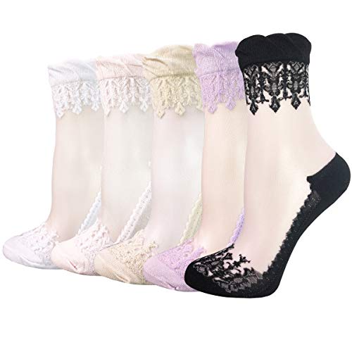 Cityelf 5 Paare Ultra dünn Sommer socken Spitzenbesatz transparent Strümpfe Kurze Socken für damen (5 colors)