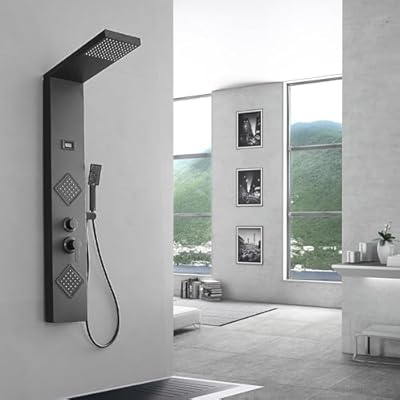 BWE Stainless Steel Shower Panel Tower System Rainfall Head Rain Massage System with Body Jets and Handheld Shower Black Shower Column Wall-Mount