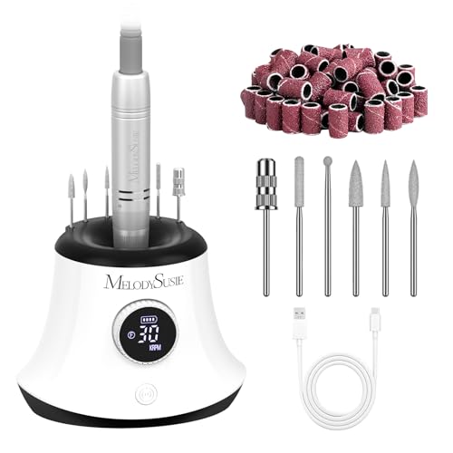 MelodySusie Rechargeable Nail Drill 30000RPM Electric Nail File with Bits & Sanding Bands Kit for Acrylic & Gel Nails, Professional Efile with LED Display for Manicure Pedicure Polishing (White)