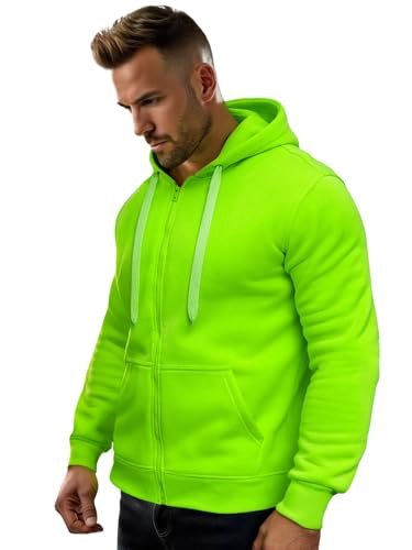 OZONEE Herren Hoodie Sweatjacke Kapuzenpullover Sweatshirt Farbvarianten Kapuzenjacke Kapuzenpulli mit Reißverschluss Langarm Sport Style Casual Fitness Training Basic 777/7547B GRÜN-NEON L