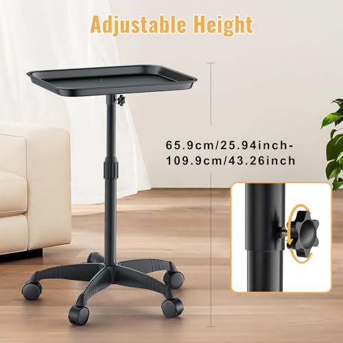 VERYTOP Rolling Salon Tray on Wheels - Adjustable Height 25\"-37\" Tattoo Tray, Premium Aluminum Easy Assembly Salon Trolley Cart for Clinic Spa Tattoo Studio Elderly Care Home Use(37inch) - Thumbnail 3