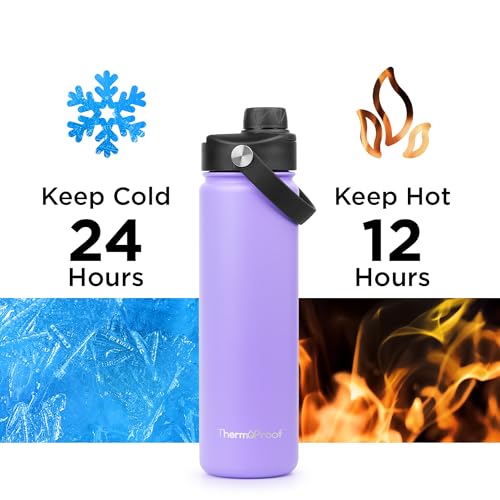 Image of ThermoProof Double-Walled Vacuum Insulated Stainless Steel Water Bottle - Wide Mouth with Chug & Spout Lids, Dishwasher Safe, Reusable, Leakproof, Hot & Cold for Men, Women & Kids - 22oz, Lavender
