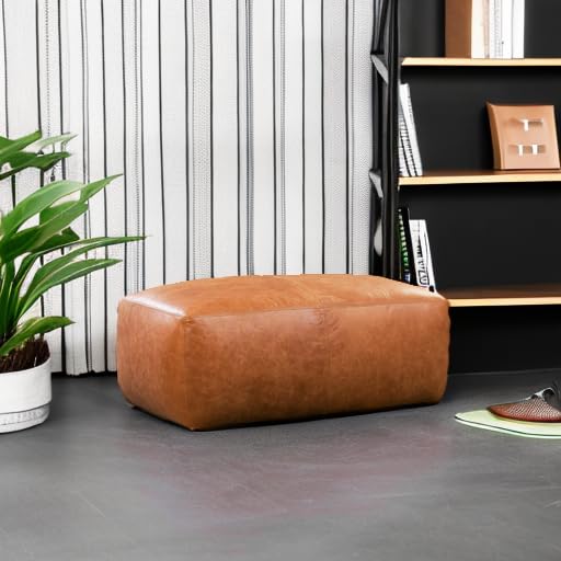 Image of POLY & BARK Denver Ottoman - 43 inch Large Pouf with Feather-Down Topper - Full-Grain Leather Upholstered Pouf Ottoman for Living Room - Vintage Italian Leather in Cognac Tan
