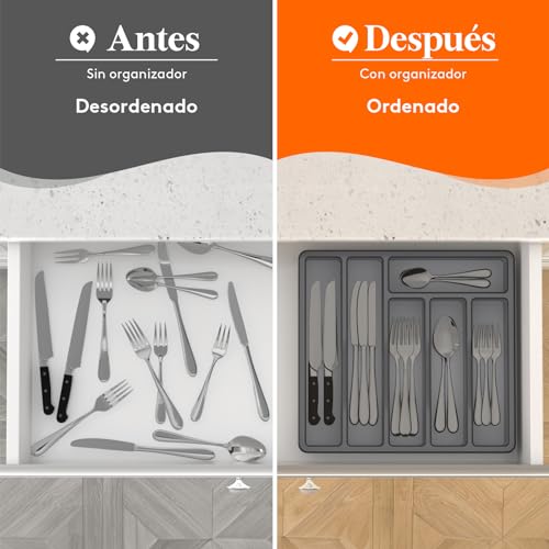 Miniatura 7 de Lifewit Organizador Cubiertos Para Cajon Con Tapa, Caja De Cubiertos Para Cajón De Cocina, Organizador De Cajón De Plástico Para Cuchillos, Tenedores, Cucharas, Bandeja Con 6 Compartimentos, Gris