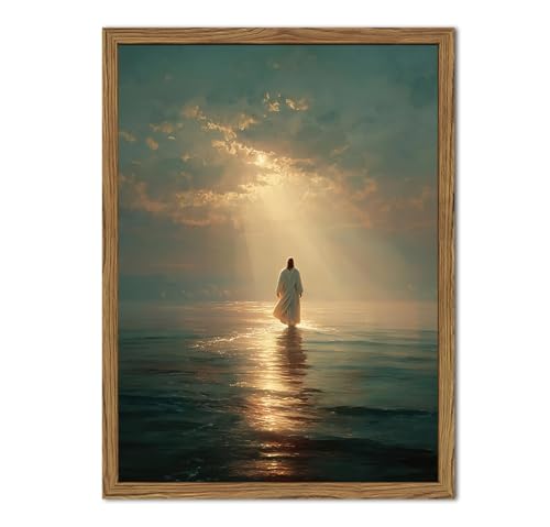 Blue Jesus Walking on Water Wall Art, Christian Wall Decor Paintings, Religious Savior Poster Canvas Print Pictures Artwork for Living Prayer Room Bedroom 12x16 in Wood Framed