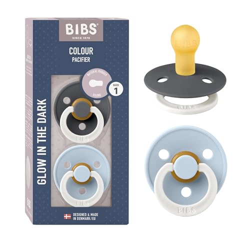 Image of BIBS Schnuller Colour 2er Pack, Naturkautschuk, dänische Schnuller mit Kirschform. (Iron Night/Baby Blue Night, Größe 1 (0-6 Monate))