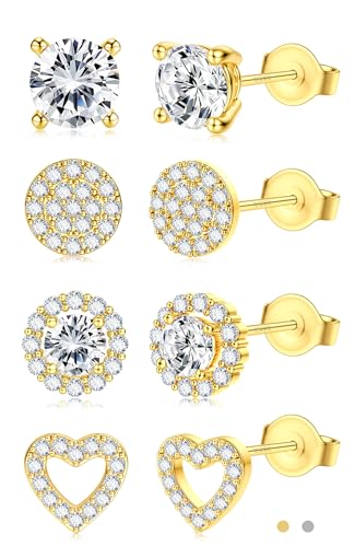 SAILIMUE Hypoallergenic Sterling Silver Stud Earrings for Women Men Brilliant Heart Knot Round Cubic Zirconia Earring Studs for Sensitive Ears Gold Silver Tone