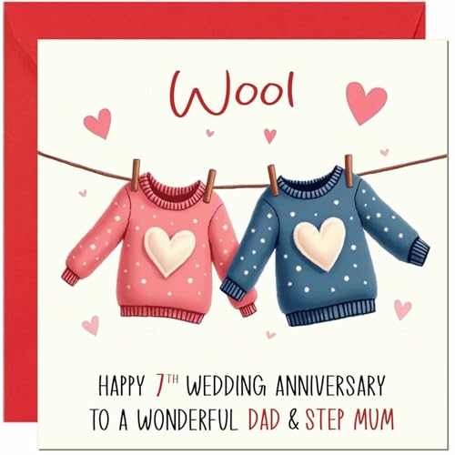 Wool Anniversary Card for Dad & Step Mum - 7th Wedding Anniversary Cards for Step Mum & Dad Cute Anniversaries Greeting Cards