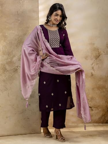 Image of VredeVogel Women's Silk Blend Embroidered Kurta with Pant & Dupatta Set | Modern & Traditional Blend Ethnic Wear | Festive & Casual Outfit