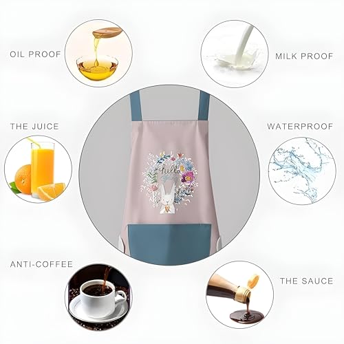 Image of VELVERI 1PACK Waterproof Cooking Apron for Women Men with Big Front Pocket Hand-Wiping Towel | Floral Rabbit Graphic Design | Oil Proof Chef Bib for Home Baking Grilling