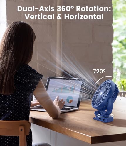 Image of 40000mAh Clip on Fan for Golf Cart, Up to 127Hrs Portable Rechargeable Fans | 8-inch Desk Fan with 3 Speeds, 9 LEDs, Timers, Hook, Battery Operated Fan for Office,Desk,Camping,Treadmill,Tent, Dark Blue