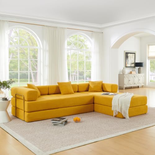 Image of HANXIN 108 inch Modular Sectional Sofa,Futon Convertible Sofa Bed,Oversized Corduroy Boneless Couch for Living Room,Floor Loveseat Sleeper with Pull Out Bed,Free Combination,No Assembly Required (Yellow)