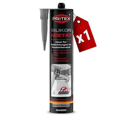 PRITEX – Sanitär Silikon grau 1x 300 ml zum Abdichten & Verfugen – Acetat für Bad, Dusche & WC – wasserdicht, langlebig & schimmelresistent – Fugendichtmasse mit sehr guter Haftung