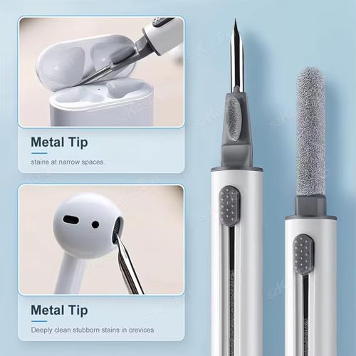 Image of Brain Freezer Earphone Earpod Cleaning Pen, Earbuds, Headphones, Wireless Earphones, 3-in-1 Multifunctional Cleaning Kit, Metal Pen, Sponge & Brush, Cleans Keyboards Laptops Mobiles, (White)