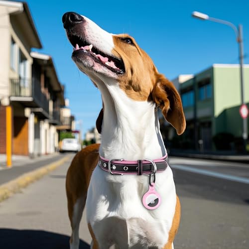 PawView Genuine Leather Dog Collar with AirTag Holder-Compatible with Airtag,Adjustable & Personalised for Small Dogs-Breathable PU Lining,Anti-Loss QR Code (S:Neck 28-42cm,Width 2cm,Pink) - Image 2