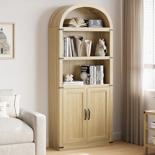GarveeHome Bookcase with Doors Arched Bookshelf 71.65 in Tall Bookcase Farmhouse Cabinet with Shelves Wooden Bookshelves for Home Office, Living Room