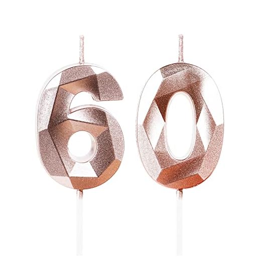 3D Velas de 60 cumpleaños, vela número 60, velas oro rosa, vela de cumpleaño para pasteles, vela de feliz cumpleaño, velas de pasteles, decoraciones para tartas fiestas cumpleaño, bodas de celebración