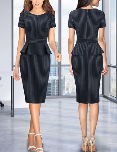 Image of VFSHOW Womens Work Business Office Front Zipper Peplum Bodycon Dresses Elegant Short Sleeve Slim Church Pencil Sheath Dress
