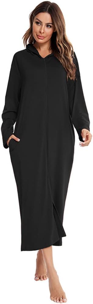 Hooded Zipper Robe For Women Long Sleeve Nightgown Full Length Soft Cozy Loungewear
