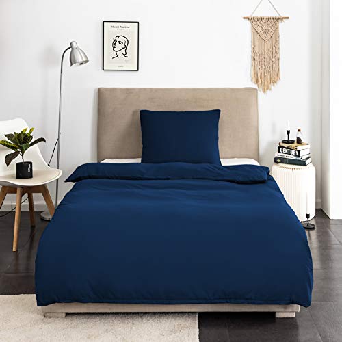 WZW Ropa de cama de 135 x 200 cm, azul oscuro, juego de funda nórdica de 100% algodón y 1 funda de almohada de 80 x 80 cm, 100% algodón, con cremallera, color azul oscuro