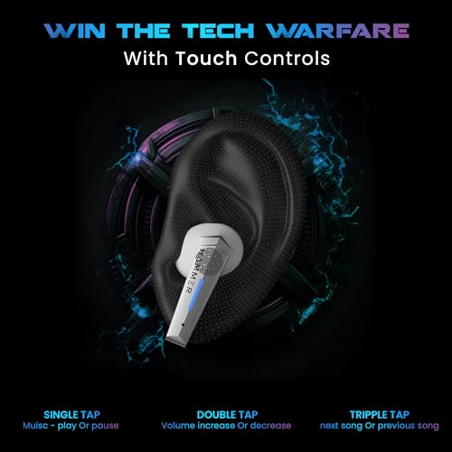 Image of HAMMER Arcade True Wirelss Gaming Earbuds with RGB Lights, 50ms Low Latency, Type-C Charging, IPX5, Deep Bass, 20H Playtime, Bluetooth v5.3, Made in India (White)