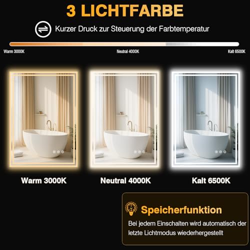 PESENXAN Badspiegel mit Beleuchtung 50x70cm, Spiegel Bad mit Beleuchtung 3 Lichtfarben, Dimmbar, Anti-Beschlag, Bad Spiegel mit Licht… – Ansicht 2
