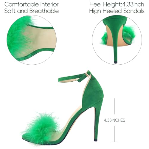 Image of YIBLBOX Women's Feather Heels Open Toe Sandal Fluffy Fur High Heel Shoes | Open Toe Slip On Stiletto Slides for Summer Party Wedding Prom Slippers Fuzzy Faux Fur
