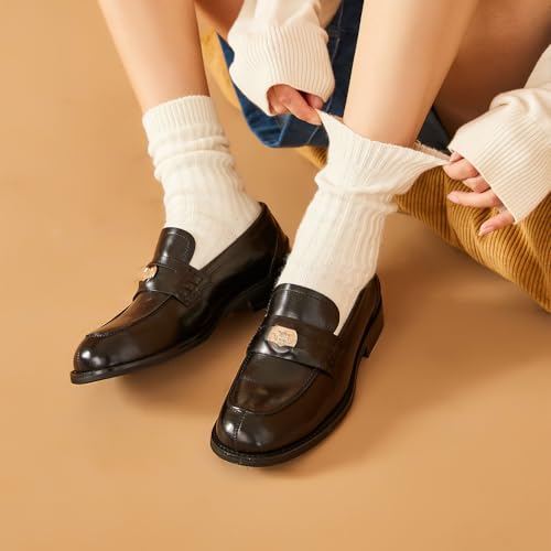 Image of BEAU TODAY Platform Loafers for Women,Chunky Loafers Women,Leather Comfortable Shoes,Lug Sole Metal Buckle Business Work Shoes Black