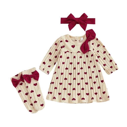 Nsywmzy Baby Girls Valentines Dress Cotton Cute Outfit Heart Printed Long Sleeve Dress with Stockings Headband Newborn Bodysuits (Red, 9-12 Months)