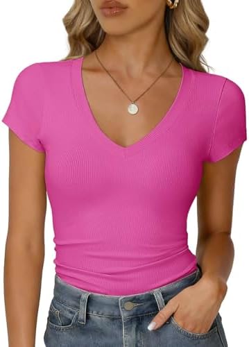 RIROW Damen Sommer T-Shirt V-Ausschnitt Kurzarm Rippstoff Slim Fit Basic | Weiches Hautgefühl, atmungsaktiv elastisch, Gerippte Oberteile, Elegantes Rippshirt, Figurbetont, Casual,