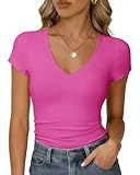 RIROW Damen Sommer T-Shirt Basic V-Ausschnitt Kurzarm Rippstoff Figurbetont Slim Fit Atmungsaktiv Elegant Y2K Top Hellrosa, M