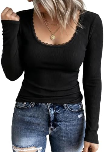 Demegimi Langarmshirt Damen U Ausschnitt Spitze Rippshirt Slim Fit Elegant Oberteile Longsleeve Herbst Winter