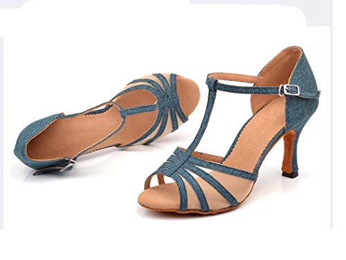 TDA Women's Flared Heel T-Strap Mesh Denim Fabric Salsa Tango Rumba Samba Latin Modern Dance Shoes4
