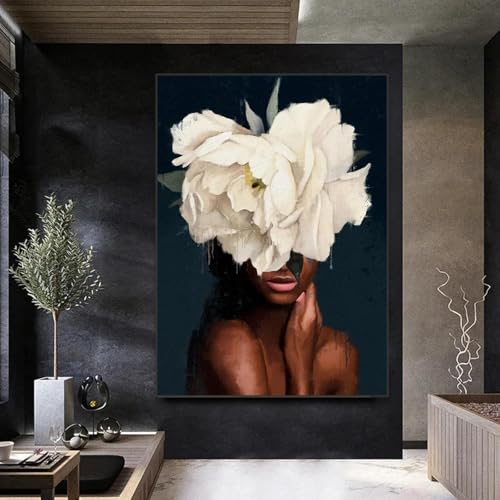 Toile femme noire fleurs grand format pour décoration salon et chambre chic